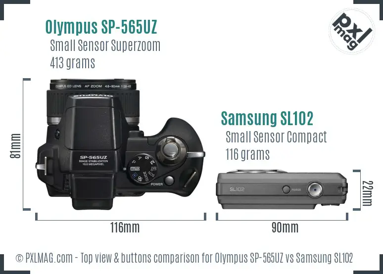 Olympus SP-565UZ vs Samsung SL102 top view buttons comparison