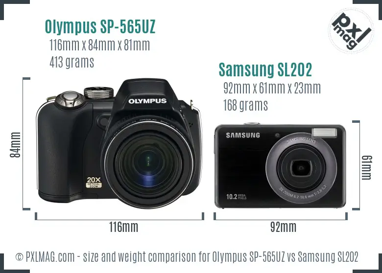 Olympus SP-565UZ vs Samsung SL202 size comparison