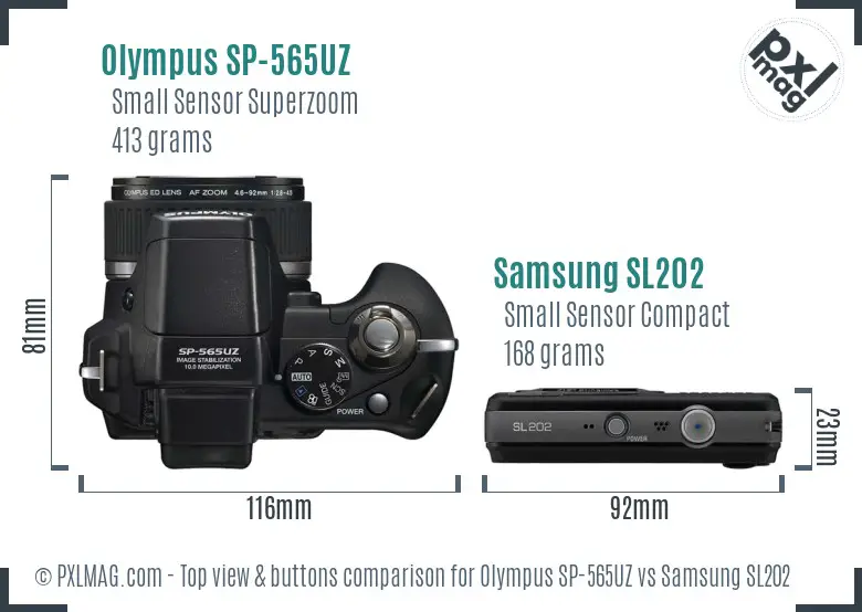 Olympus SP-565UZ vs Samsung SL202 top view buttons comparison