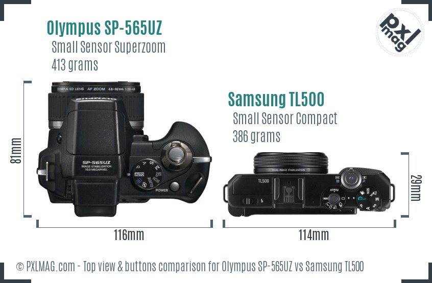 Olympus SP-565UZ vs Samsung TL500 top view buttons comparison