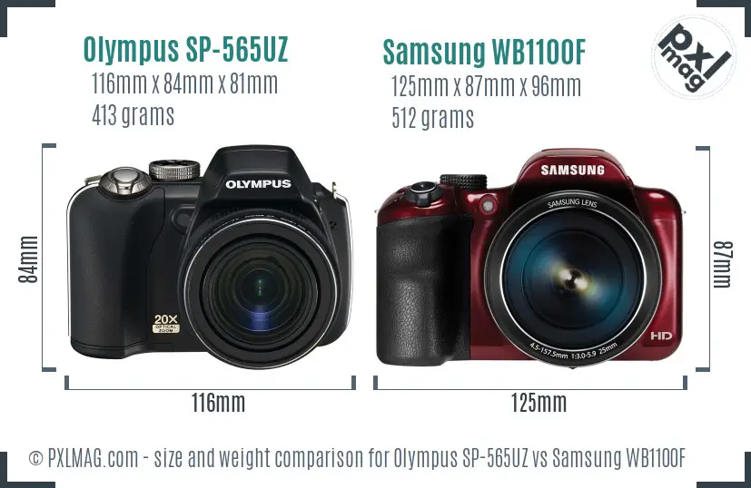 Olympus SP-565UZ vs Samsung WB1100F size comparison