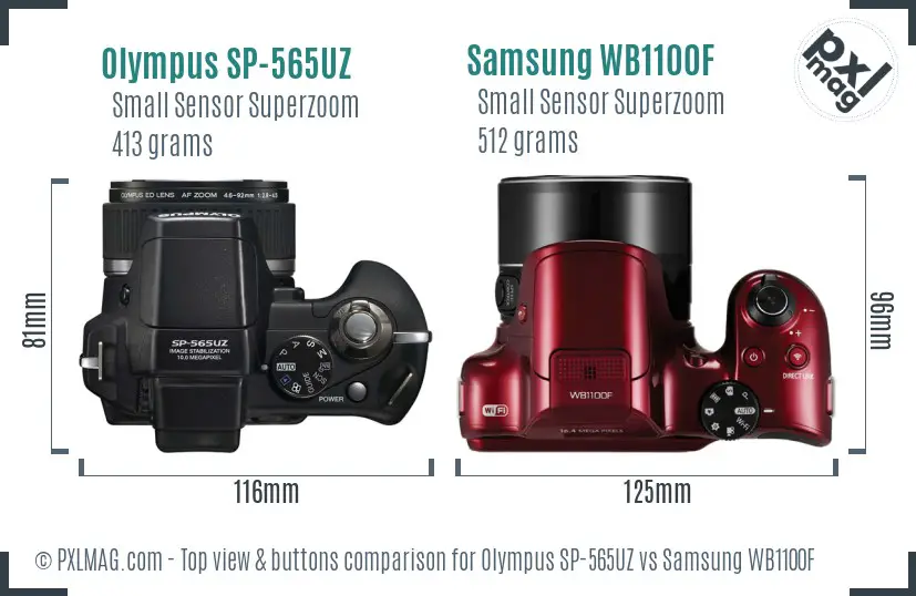 Olympus SP-565UZ vs Samsung WB1100F top view buttons comparison