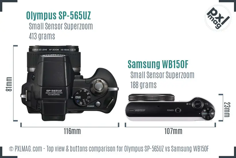 Olympus SP-565UZ vs Samsung WB150F top view buttons comparison Olympus SP-565UZ vs Samsung WB150F top view buttons comparison