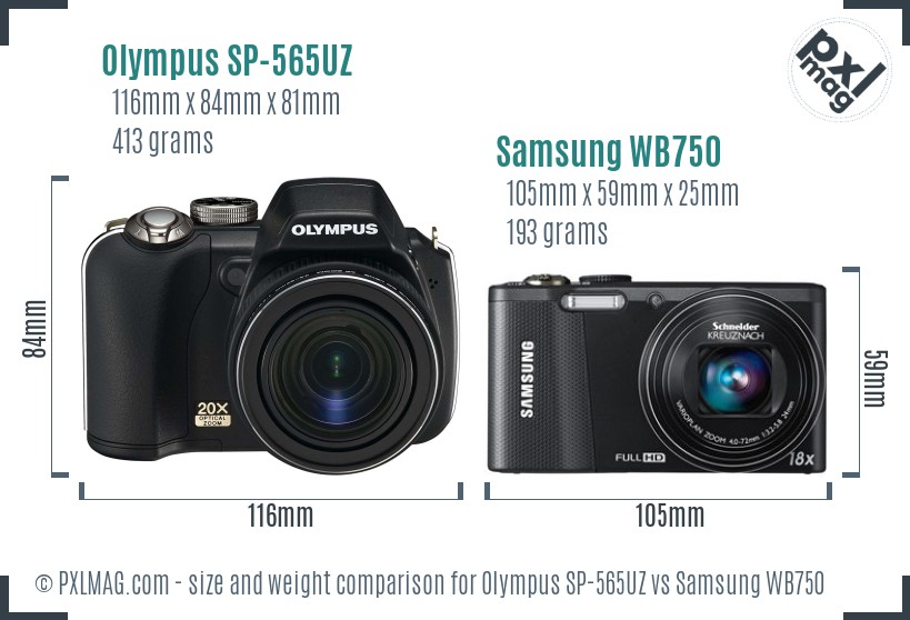 Olympus SP-565UZ vs Samsung WB750 size comparison