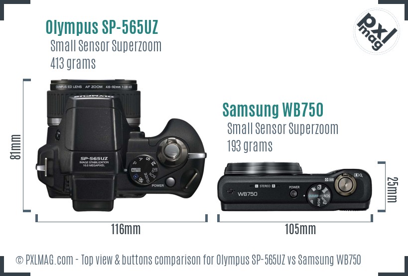 Olympus SP-565UZ vs Samsung WB750 top view buttons comparison