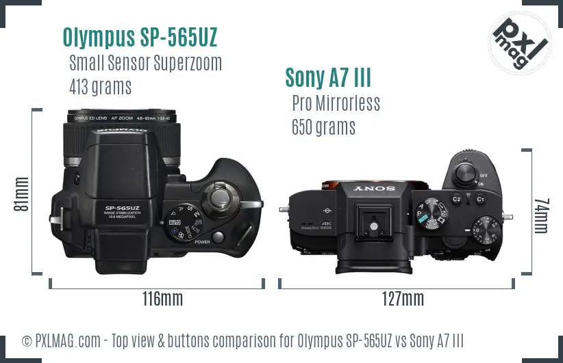 Olympus SP-565UZ vs Sony A7 III top view buttons comparison