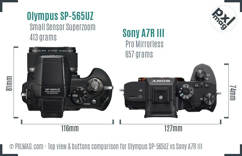Olympus SP-565UZ vs Sony A7R III top view buttons comparison