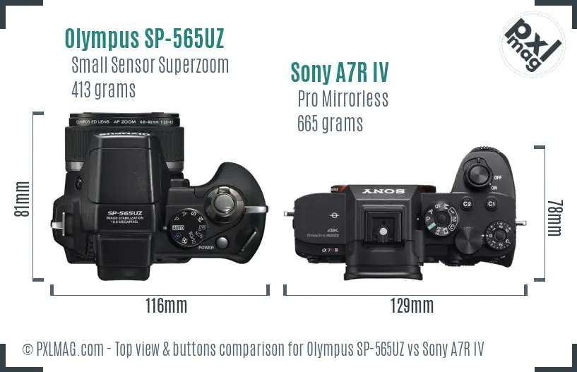 Olympus SP-565UZ vs Sony A7R IV top view buttons comparison