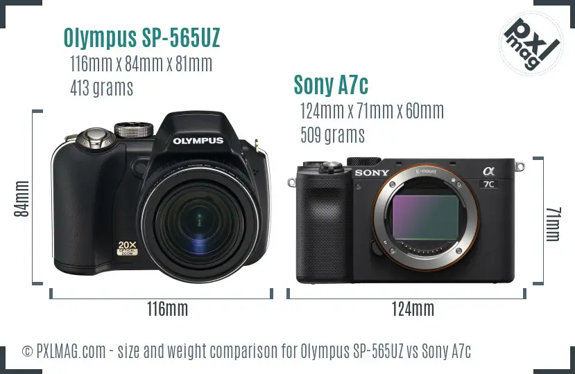 Olympus SP-565UZ vs Sony A7c size comparison