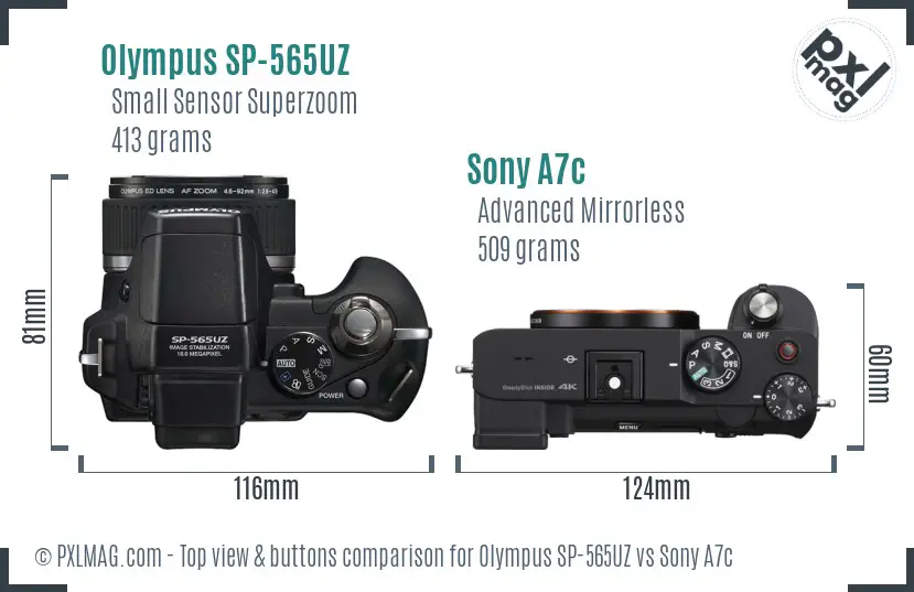 Olympus SP-565UZ vs Sony A7c top view buttons comparison