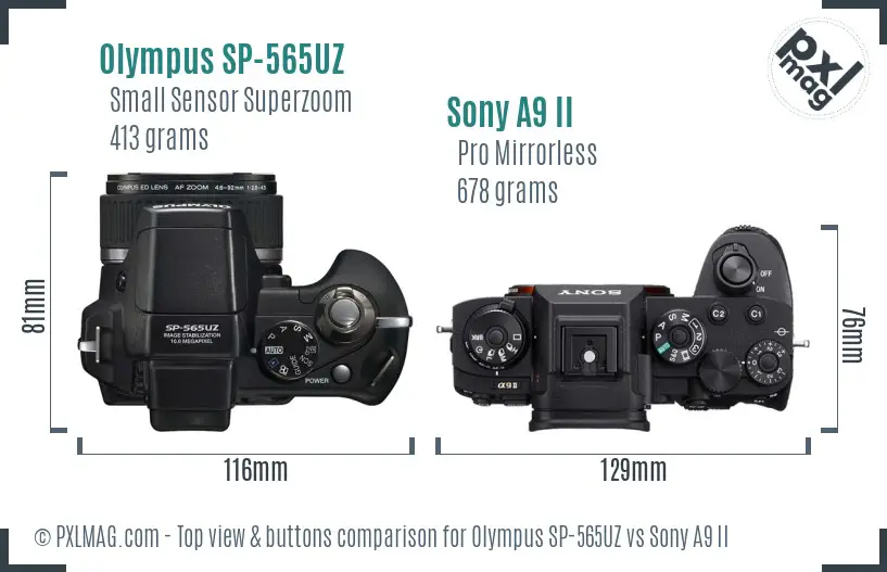 Olympus SP-565UZ vs Sony A9 II top view buttons comparison