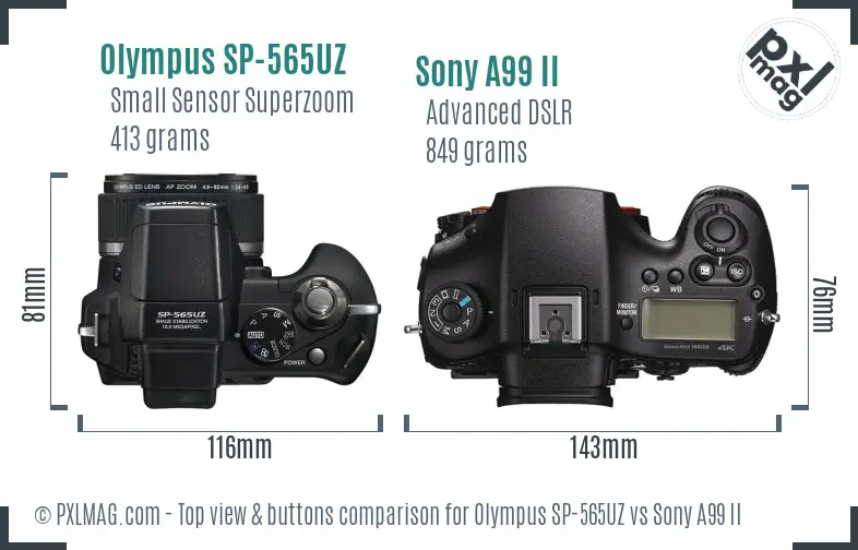 Olympus SP-565UZ vs Sony A99 II top view buttons comparison