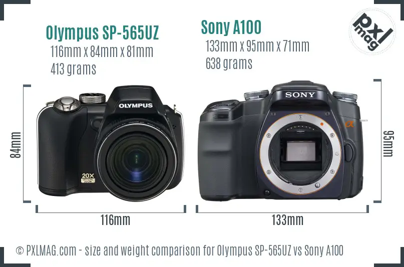 Olympus SP-565UZ vs Sony A100 size comparison