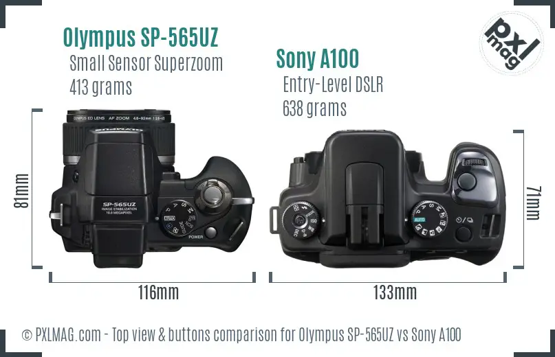 Olympus SP-565UZ vs Sony A100 top view buttons comparison