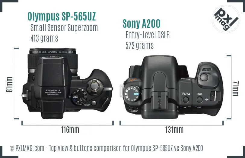 Olympus SP-565UZ vs Sony A200 top view buttons comparison