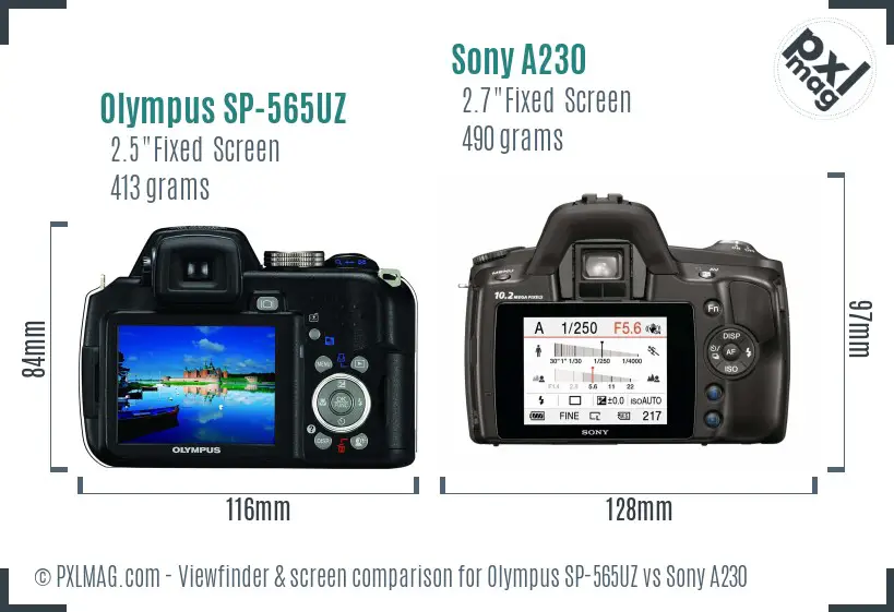 Olympus SP-565UZ vs Sony A230 Screen and Viewfinder comparison