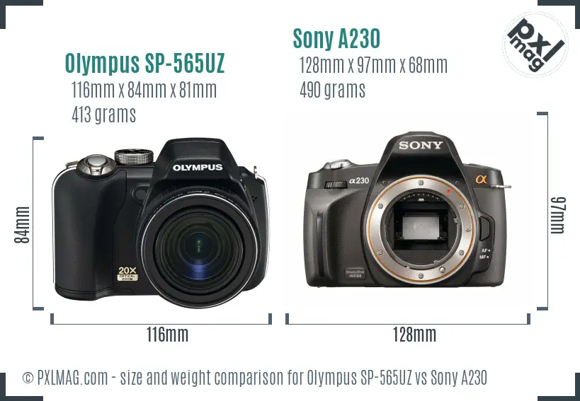 Olympus SP-565UZ vs Sony A230 size comparison