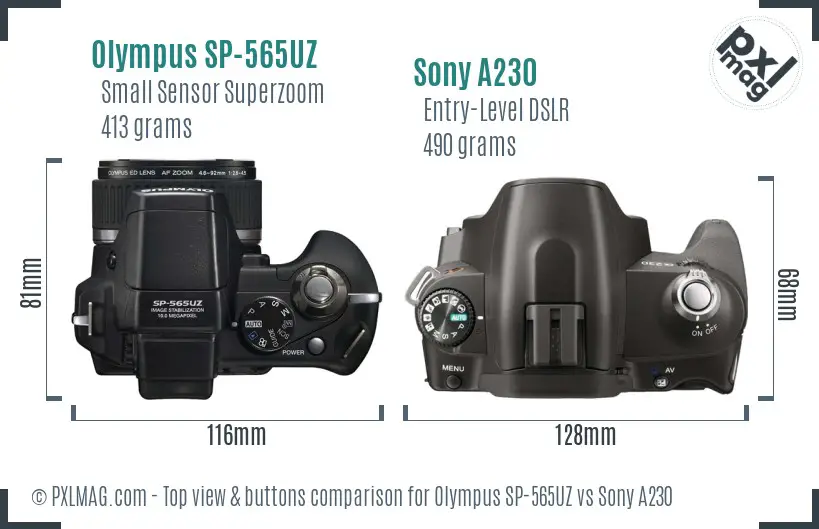 Olympus SP-565UZ vs Sony A230 top view buttons comparison