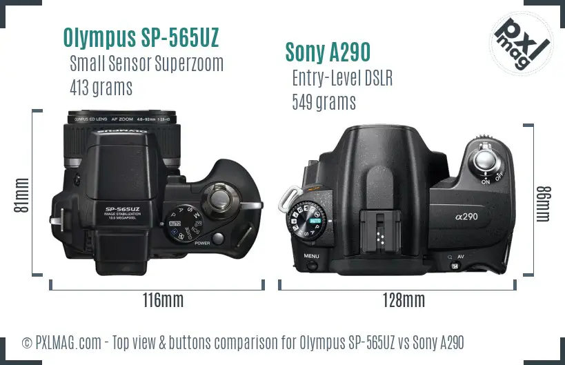 Olympus SP-565UZ vs Sony A290 top view buttons comparison