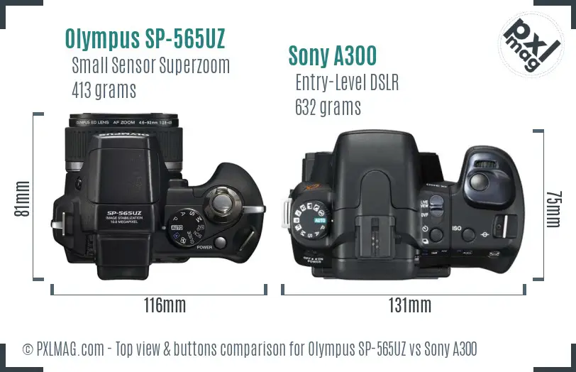 Olympus SP-565UZ vs Sony A300 top view buttons comparison Olympus SP-565UZ vs Sony A300 top view buttons comparison