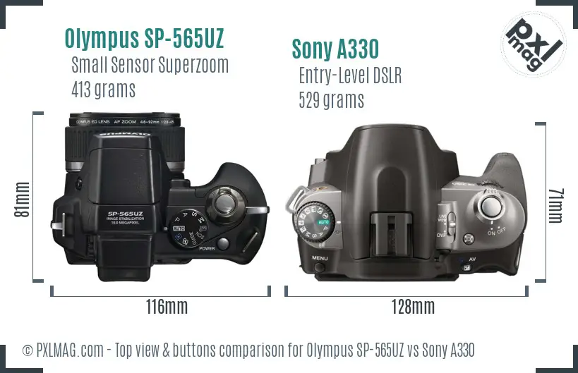 Olympus SP-565UZ vs Sony A330 top view buttons comparison