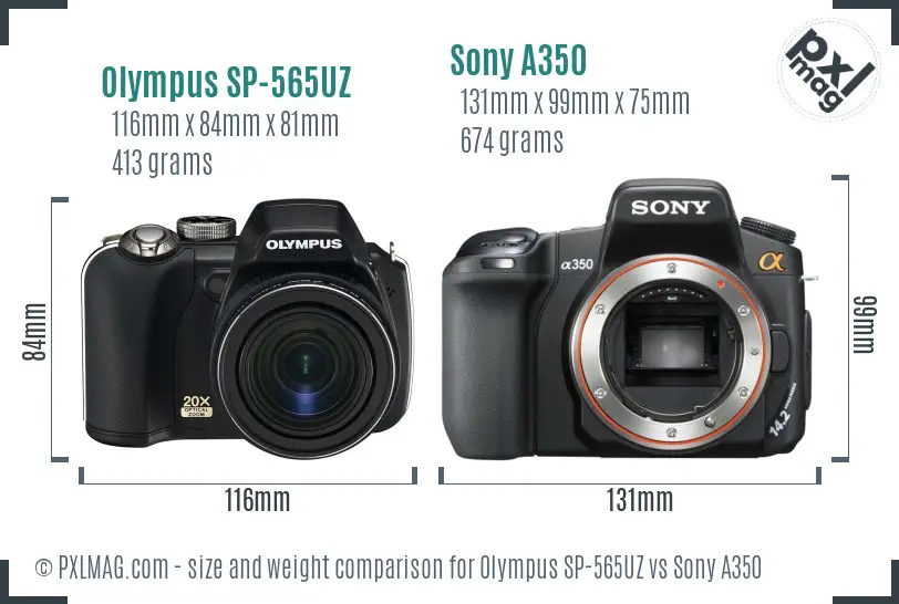 Olympus SP-565UZ vs Sony A350 size comparison