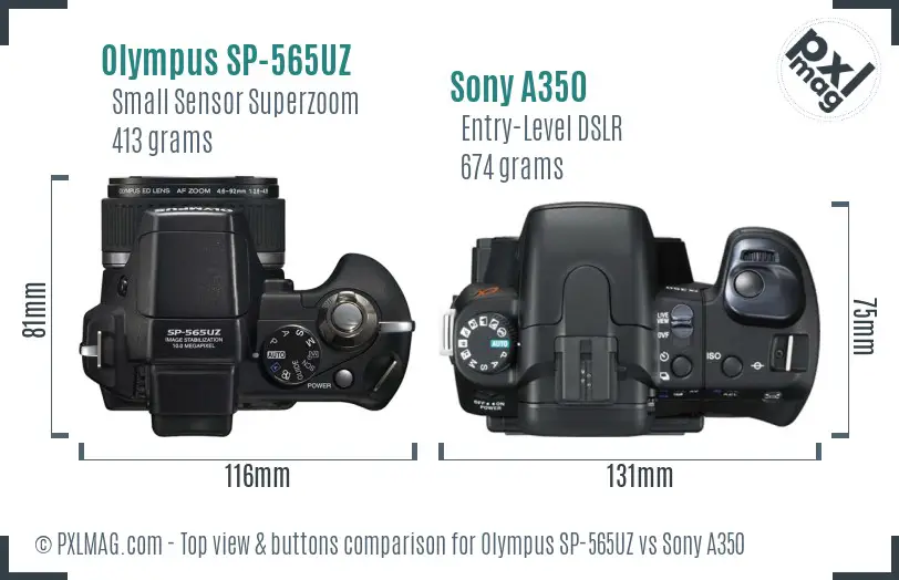 Olympus SP-565UZ vs Sony A350 top view buttons comparison