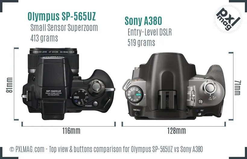 Olympus SP-565UZ vs Sony A380 top view buttons comparison