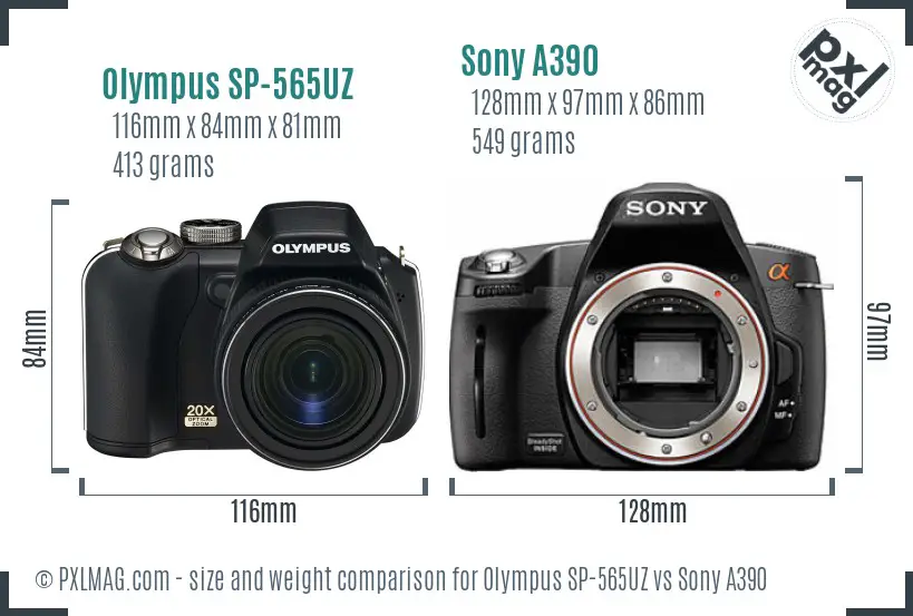 Olympus SP-565UZ vs Sony A390 size comparison Olympus SP-565UZ vs Sony A390 size comparison
