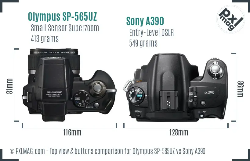 Olympus SP-565UZ vs Sony A390 top view buttons comparison Olympus SP-565UZ vs Sony A390 top view buttons comparison