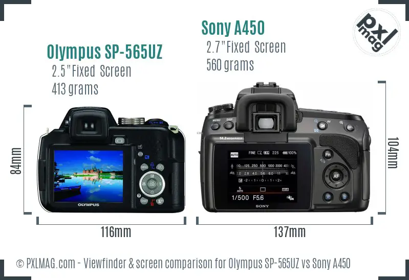 Olympus SP-565UZ vs Sony A450 Screen and Viewfinder comparison