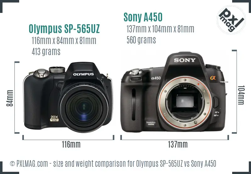 Olympus SP-565UZ vs Sony A450 size comparison