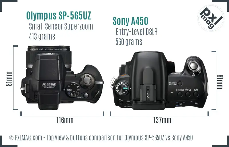 Olympus SP-565UZ vs Sony A450 top view buttons comparison