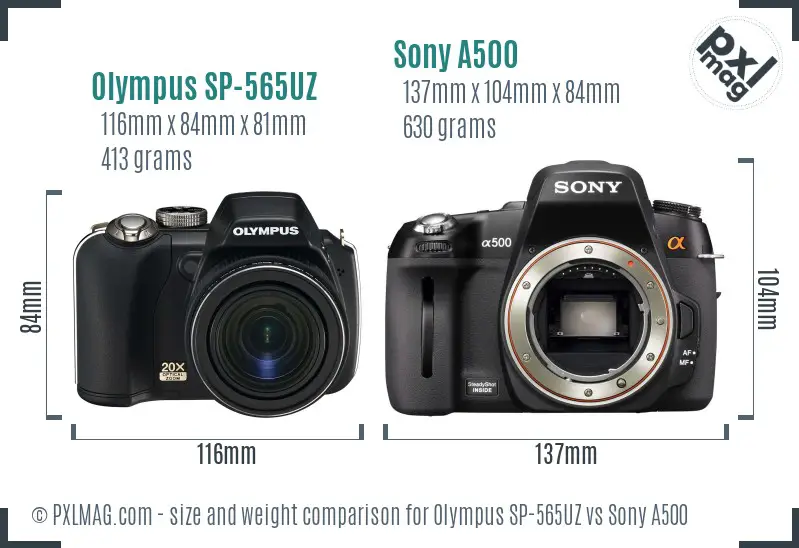 Olympus SP-565UZ vs Sony A500 size comparison Olympus SP-565UZ vs Sony A500 size comparison