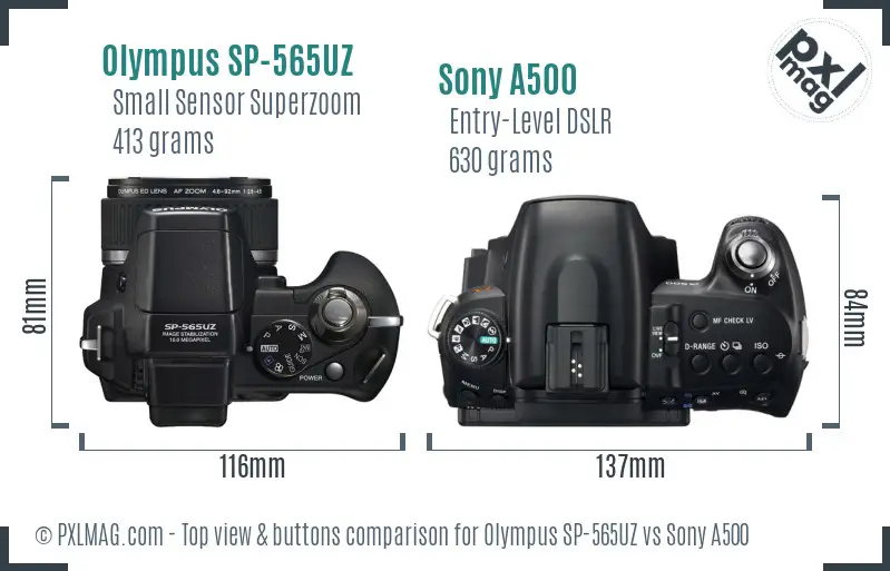 Olympus SP-565UZ vs Sony A500 top view buttons comparison Olympus SP-565UZ vs Sony A500 top view buttons comparison