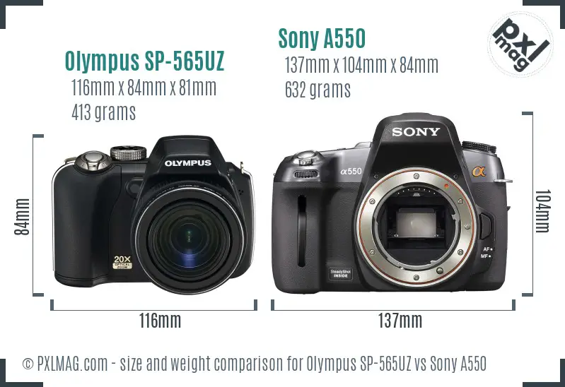 Olympus SP-565UZ vs Sony A550 size comparison Olympus SP-565UZ vs Sony A550 size comparison