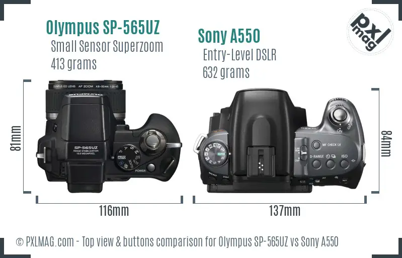 Olympus SP-565UZ vs Sony A550 top view buttons comparison Olympus SP-565UZ vs Sony A550 top view buttons comparison