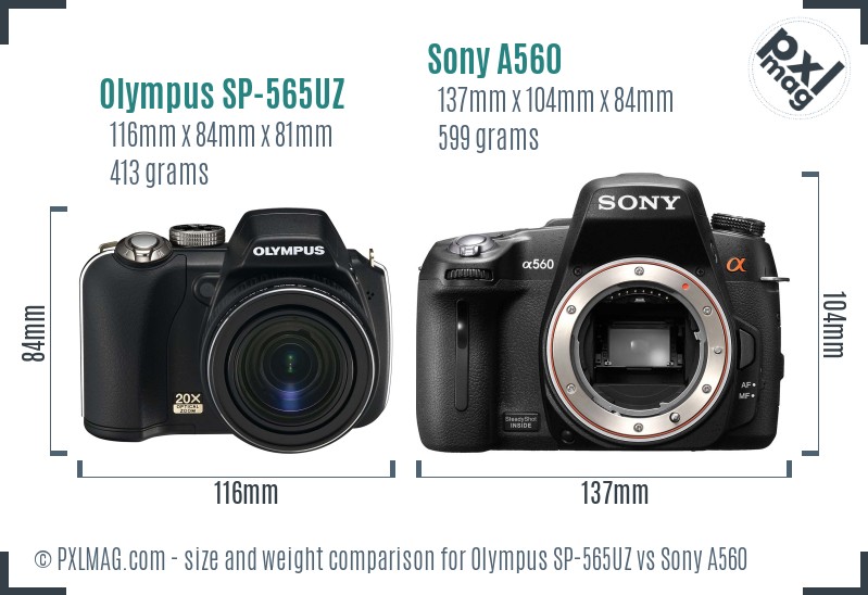 Olympus SP-565UZ vs Sony A560 size comparison