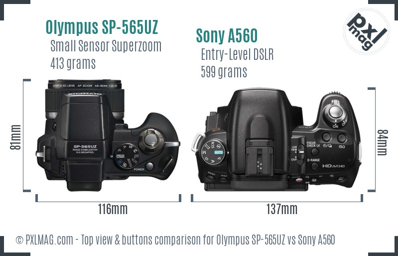 Olympus SP-565UZ vs Sony A560 top view buttons comparison