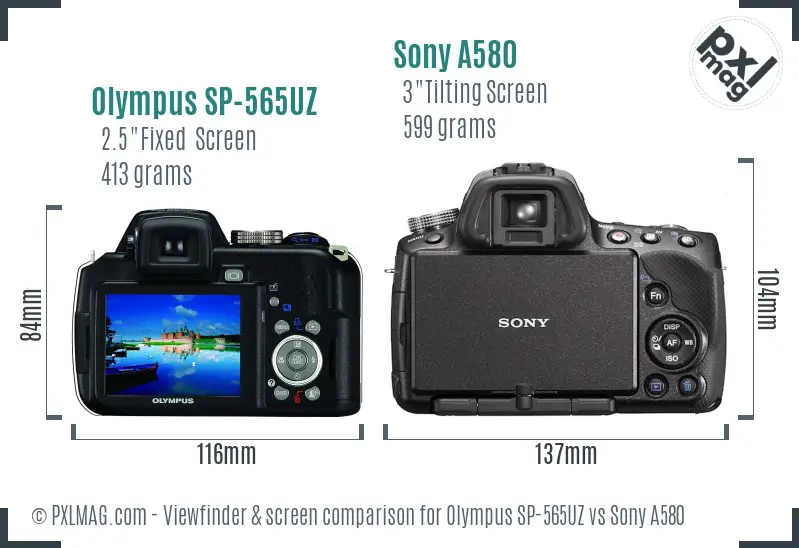 Olympus SP-565UZ vs Sony A580 Screen and Viewfinder comparison
