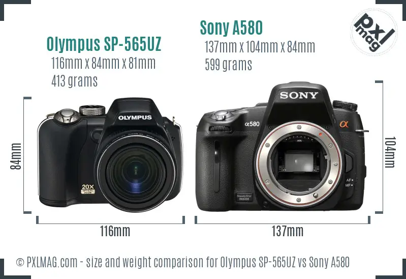 Olympus SP-565UZ vs Sony A580 size comparison