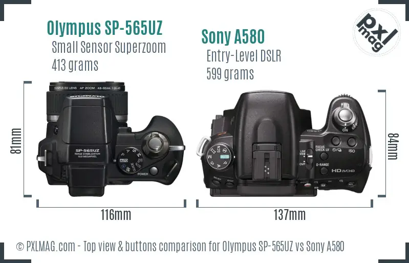 Olympus SP-565UZ vs Sony A580 top view buttons comparison