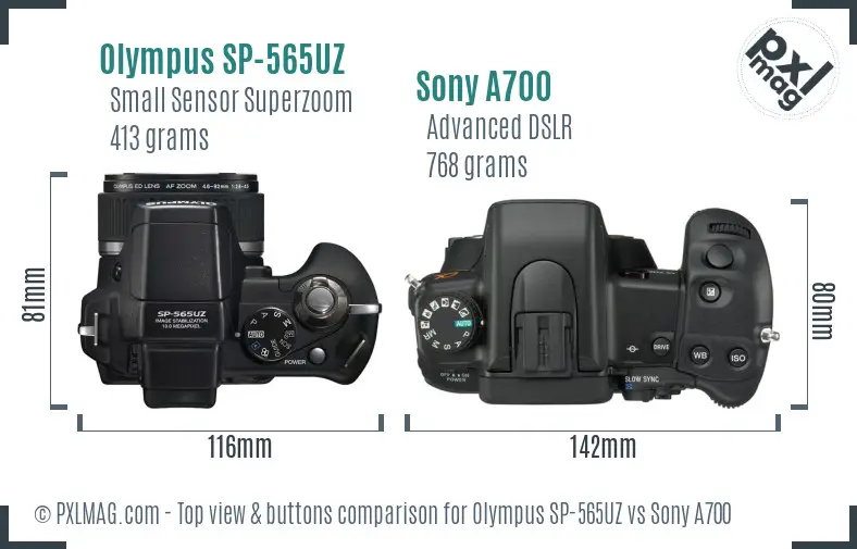 Olympus SP-565UZ vs Sony A700 top view buttons comparison