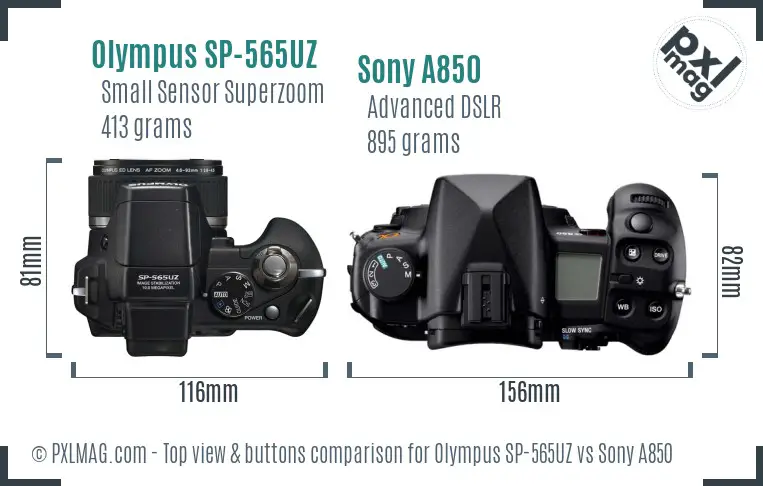 Olympus SP-565UZ vs Sony A850 top view buttons comparison