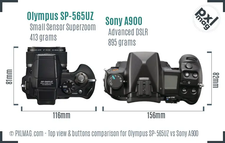 Olympus SP-565UZ vs Sony A900 top view buttons comparison