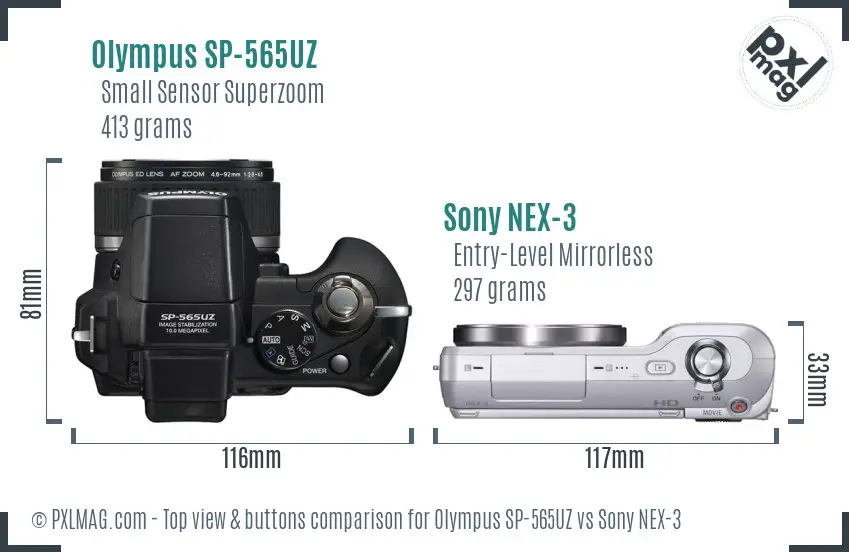 Olympus SP-565UZ vs Sony NEX-3 top view buttons comparison Olympus SP-565UZ vs Sony NEX-3 top view buttons comparison