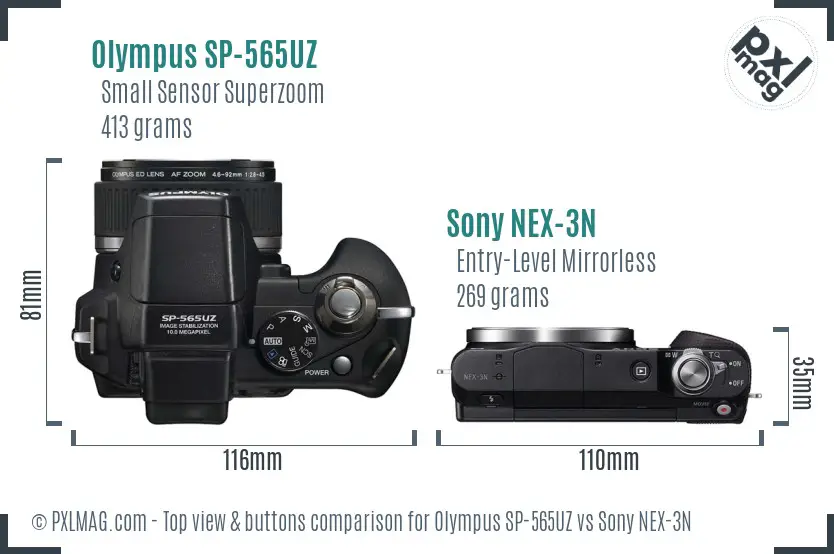 Olympus SP-565UZ vs Sony NEX-3N top view buttons comparison