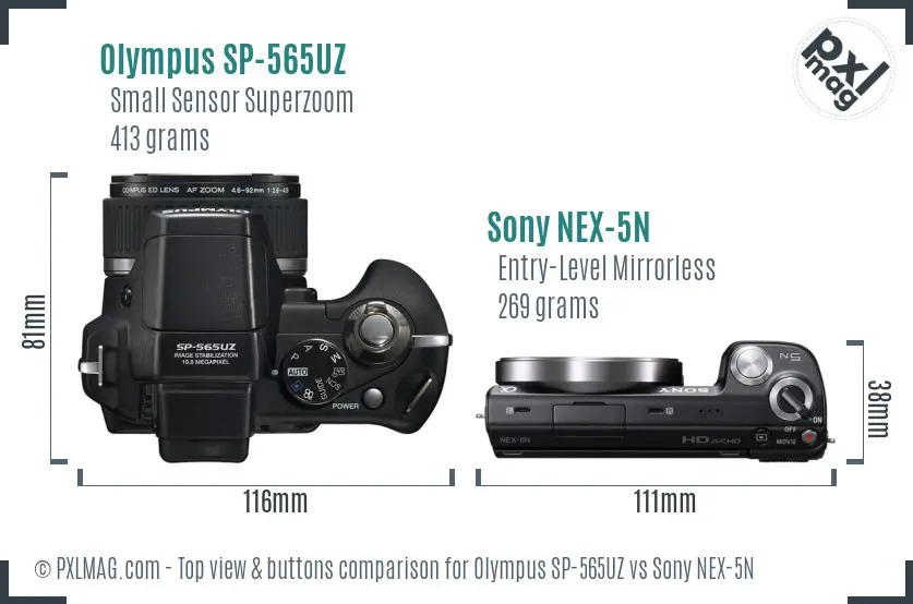 Olympus SP-565UZ vs Sony NEX-5N top view buttons comparison