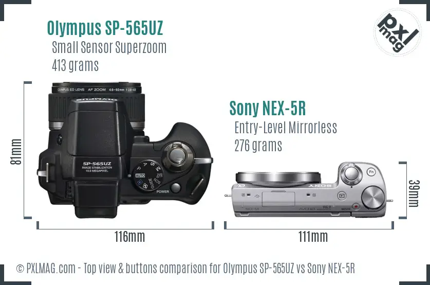 Olympus SP-565UZ vs Sony NEX-5R top view buttons comparison Olympus SP-565UZ vs Sony NEX-5R top view buttons comparison