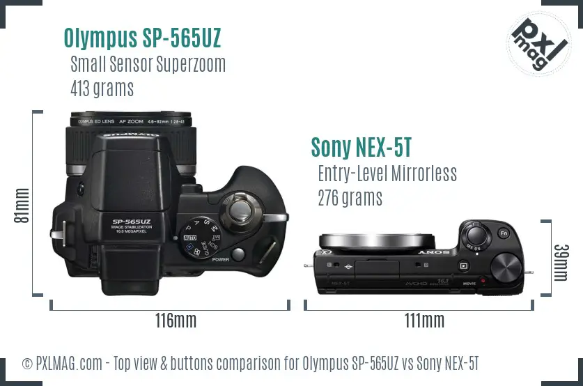 Olympus SP-565UZ vs Sony NEX-5T top view buttons comparison